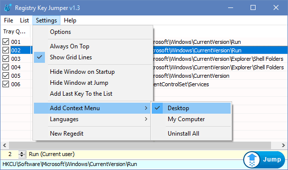 Registry key jumper Settings Menu